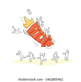 Sketch of little people and falling word Bitcoin. Doodle miniature scene about cryptocurrency. Hand drawn cartoon vector illustration.