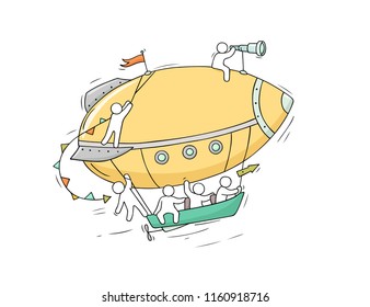 Sketch of little people fly on aerostat. Doodle cute miniature scene about transportation. Hand drawn cartoon vector illustration for vacation design.