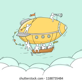 Sketch of little people fly on aerostat. Doodle cute miniature scene about transportation. Hand drawn cartoon vector illustration for vacation design.