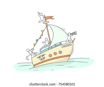 Sketch of little people fly on yacht. Doodle cute miniature scene about transportation. Hand drawn cartoon vector illustration for vacation design.