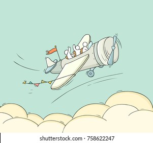 Sketch of little people fly on plane. Doodle cute miniature scene about transportation. Hand drawn cartoon vector illustration for vacation design.