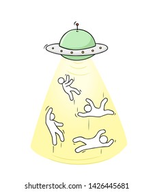 Sketch of little people fly under UFO. Doodle cute miniature scene about aliens. Hand drawn cartoon vector illustration.