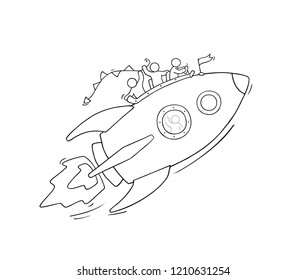 Sketch of little people with flying rocket. Doodle cute miniature scene of workers about start up. Hand drawn cartoon vector illustration for business design.