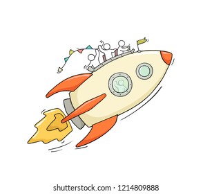 Sketch of little people with flying rocket. Doodle cute miniature scene of workers about start up. Hand drawn cartoon vector illustration for business design.