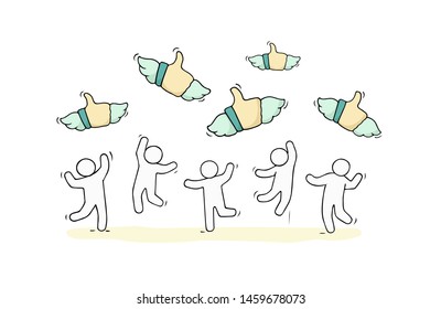 Sketch of little people with like signs. Doodle cute scene scene social media signs. Hand drawn cartoon vector illustration for web design.