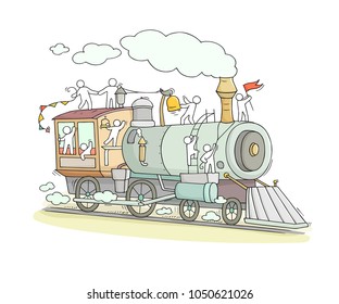 Sketch of little people on train. Doodle cute miniature scene about transportation. Hand drawn cartoon vector illustration for vacation design.