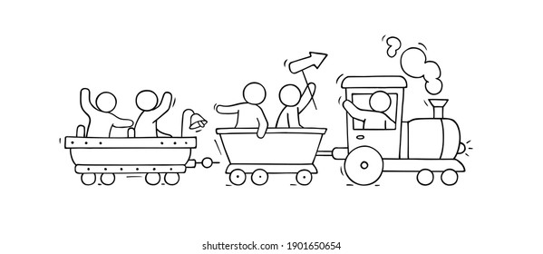 Sketch of little people on train. Doodle cute miniature scene about transportation. Hand drawn cartoon vector illustration for vacation design.