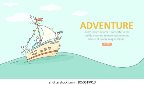 Sketch of little people on yacht. Doodle cute miniature scene about transportation. Hand drawn cartoon vector illustration for vacation design.