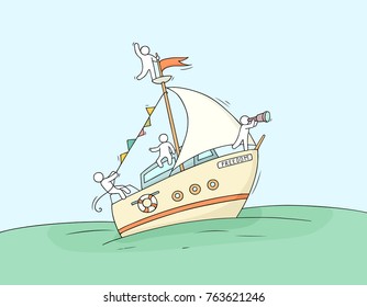 Sketch of little people on yacht. Doodle cute miniature scene about transportation. Hand drawn cartoon vector illustration for vacation design.