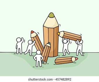 Sketch of little people with pencils. Doodle cute miniature with workers and stationery. Hand drawn cartoon vector illustration for business and school design.