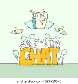 Sketch of little people with speech bubbles, fly likes. Doodle cute miniature scene with big word Chat. Hand drawn cartoon vector illustration for social media and business design.