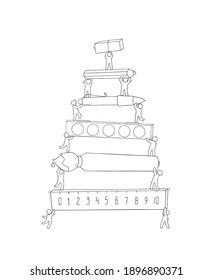 Sketch of little people standing on stationery. Doodle cute miniature scene with office supply. Hand drawn cartoon vector illustration.