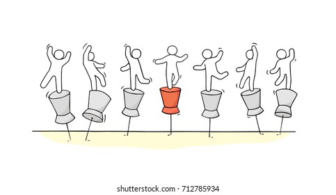 Sketch of little people standing on push pins. Doodle cute miniature concept with office supplies. Hand drawn cartoon vector illustration.