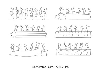 Sketch of little people standing on stationery. Doodle cute miniature scene with office supply. Hand drawn cartoon vector illustration