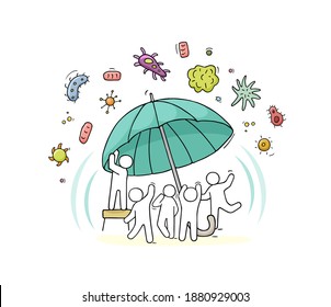 Sketch of little people standing under umbrella. Doodle cute miniature scene about virus protection. Hand drawn cartoon vector illustration for medicine design.