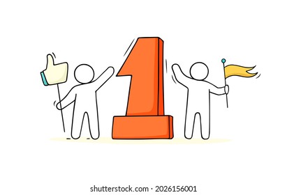 Sketch of little people stands with big number One. Doodle cute miniature scene about leadership. Hand drawn cartoon vector illustration.