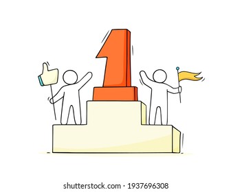 Sketch of little people stands on pedestal. Doodle cute miniature scene about leadership. Hand drawn cartoon vector illustration.