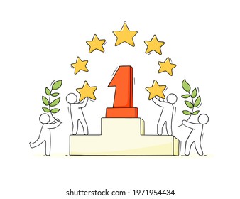 Sketch of little people stands on pedestal. Doodle cute miniature scene about leadership. Hand drawn cartoon vector illustration.