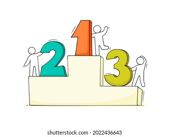 Sketch of little people stands on pedestal. Doodle cute miniature scene about leadership. Hand drawn cartoon vector illustration.