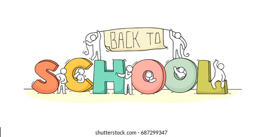 Sketch of little people with text Back to School. Doodle cute miniature scene about end of education. Hand drawn cartoon vector illustration.