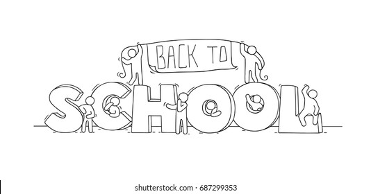 Sketch of little people with text Back to School. Doodle cute miniature scene about end of education. Hand drawn cartoon vector illustration.