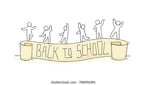 Sketch of little people with text Back to School. Doodle cute miniature scene about end of education. Hand drawn cartoon vector illustration.