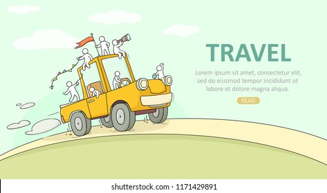 Sketch of little people travel on big car. Doodle cute miniature scene about weekend. Hand drawn cartoon vector illustration for vacation design.