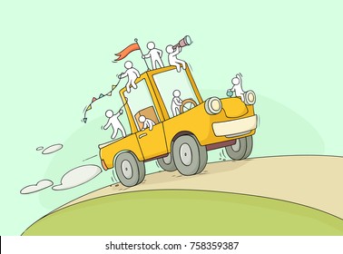 Sketch of little people travel on big car. Doodle cute miniature scene about weekend. Hand drawn cartoon vector illustration for vacation design.