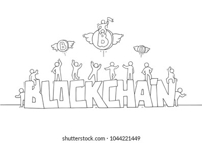Sketch of little people with word Blockchain. Doodle cute miniature scene about new technology. Hand drawn cartoon vector illustration.