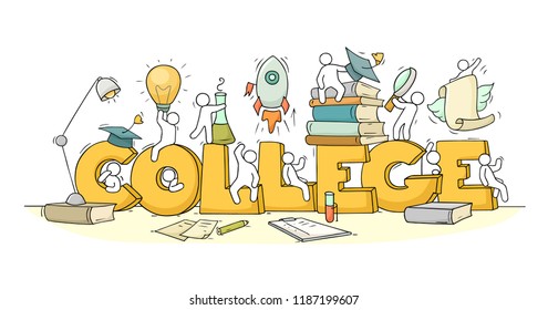 Sketch Of Little People With Word College. Doodle Cute Miniature Scene About Education. Hand Drawn Cartoon Vector Illustration.