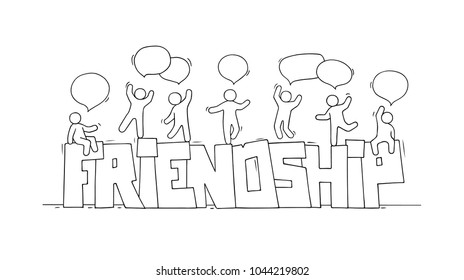 Sketch of little people with word Friendship. Doodle cute miniature scene about partnership. Hand drawn cartoon vector illustration.