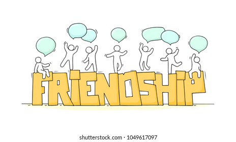 Sketch of little people with word Friendship. Doodle cute miniature scene about partnership. Hand drawn cartoon vector illustration.