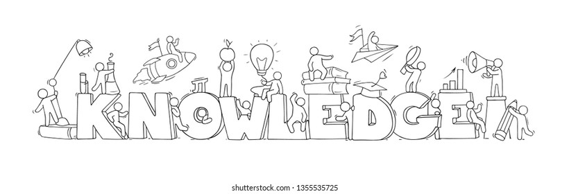 Sketch of little people with word Knowledge. Doodle cute miniature scene about education. Hand drawn cartoon vector illustration.