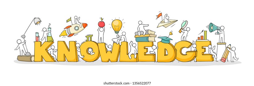 Sketch of little people with word Knowledge. Doodle cute miniature scene about education. Hand drawn cartoon vector illustration.