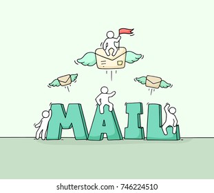 Sketch of little people with word Mail. Doodle cute miniature scene about post. Hand drawn cartoon vector illustration.