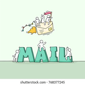 Sketch of little people with word Mail. Doodle cute miniature scene about post. Hand drawn cartoon vector illustration.