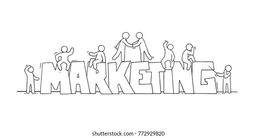 Sketch of little people with word Marketing. Doodle cute miniature scene about work. Hand drawn cartoon vector illustration.