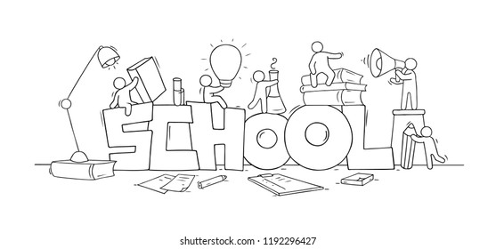 Sketch of little people with word School. Doodle cute miniature scene about education. Hand drawn cartoon vector illustration.