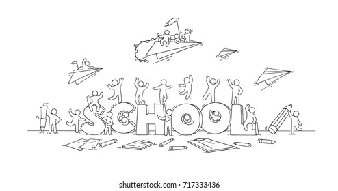 Sketch of little people with word School. Doodle cute miniature scene about education. Hand drawn cartoon vector illustration.