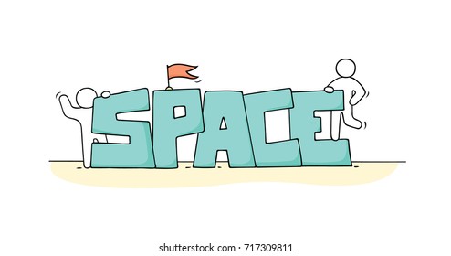 Sketch of little people with word Space. Doodle cute miniature scene about cosmos. Hand drawn cartoon vector illustration.