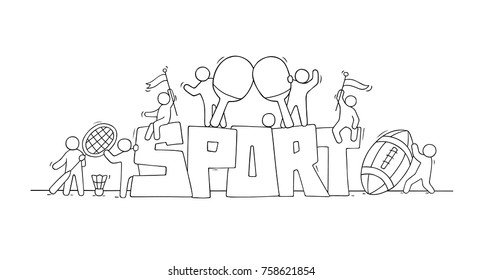 Sketch little people with word Sport. Doodle cute miniature scene of active men. Hand drawn cartoon vector illustration for lifestyle design.
