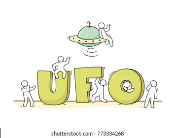 Sketch of little people with word UFO. Doodle cute miniature scene about cosmos. Hand drawn cartoon vector illustration.