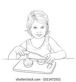 Sketch of little pretty girl cutting tomatoes, Hand drawn vector line art illustration