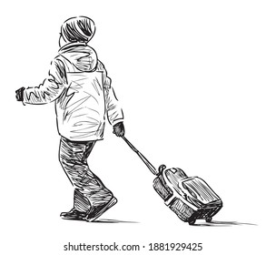 Sketch of little schoolboy with bag walking along street