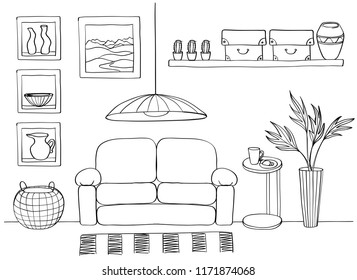 Sketch of living room cozy interior. Vector illustration