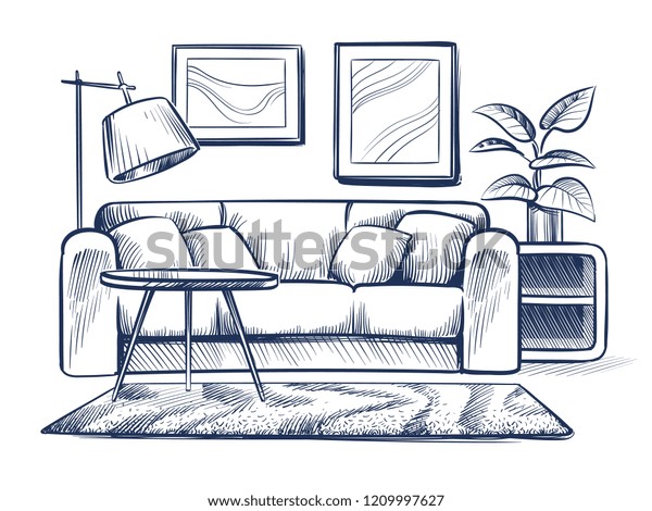Sketch Living Room Doodle House Interior Stock Vector