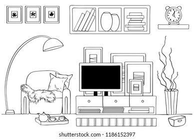 Sketch of living room interior, Black and white