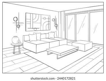 Sketch living room Interior design. Hand draw outline vector illustration home furniture, décor, modern couch, table.