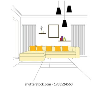 Sketch living room. Sofa, lamp and pictures on wall house furniture contemporary apartment drawing room interior sketch vector concept.