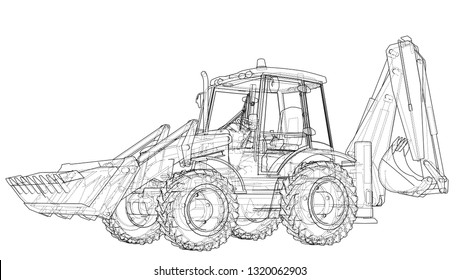 Sketch of Loading Shovel with Back Actor. Vector rendering of 3d. Wire-frame style. The layers of visible and invisible lines are separated